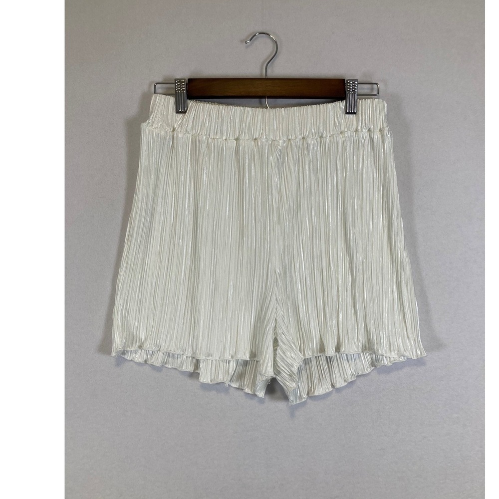 Pleated Plisse Shorts Women Large Pearl White High Waist Shimmer